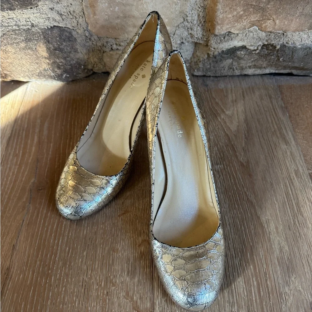 🔥Kate Spade Classic Gold Pumps Sz8.5🔥 Made Italy Carolina Snakeskin Price Firm